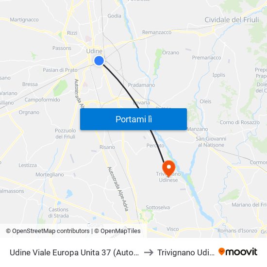 Udine Viale Europa Unita 37 (Autostazione) to Trivignano Udinese map