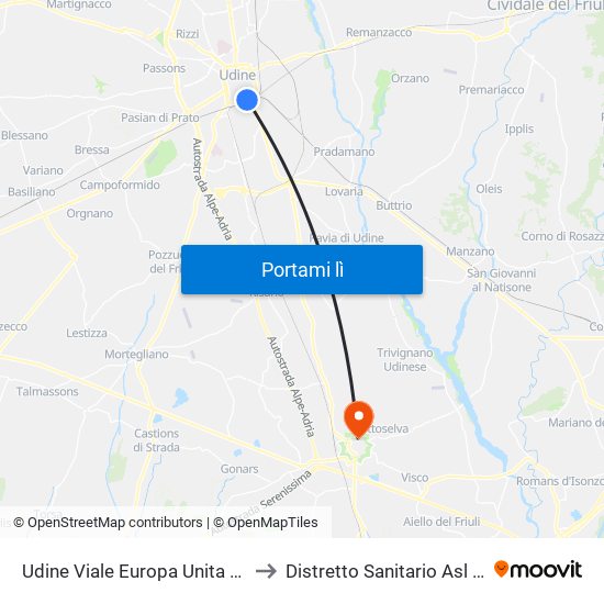 Udine Viale Europa Unita 54 (Lato Stazione Fs) to Distretto Sanitario Asl N.5 Bassa Friulana map