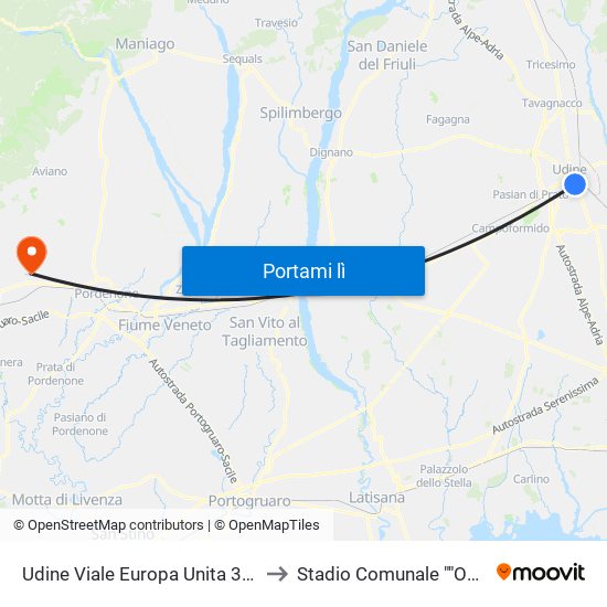 Udine Viale Europa Unita 37 (Autostazione) to Stadio Comunale ""Omero Tognon"" map