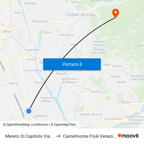 Mereto Di Capitolo Via Palmanova to Castelmonte Friuli Venezia Giulia Italy map