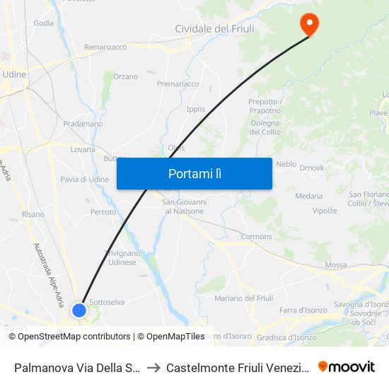 Palmanova Via Della Stazione 11 to Castelmonte Friuli Venezia Giulia Italy map