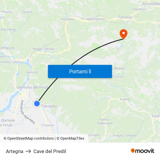 Artegna to Cave del Predil map