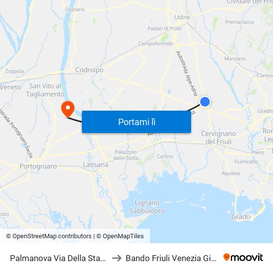 Palmanova Via Della Stazione 11 to Bando Friuli Venezia Giulia Italy map