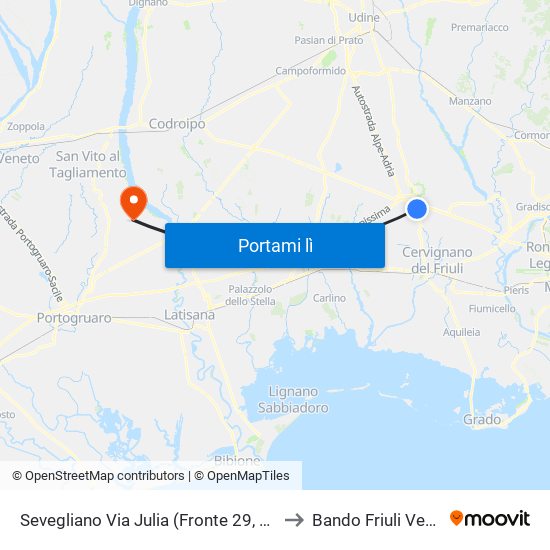 Sevegliano Via Julia (Fronte 29, Semaforo Sr352 Direzione Ud to Bando Friuli Venezia Giulia Italy map