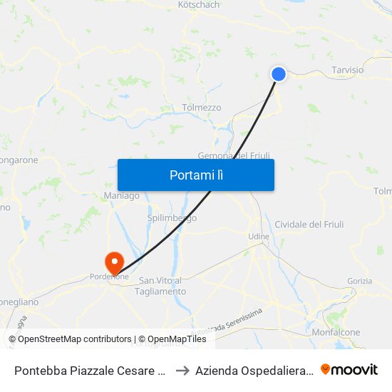 Pontebba Piazzale Cesare Battisti 3 (Stazione Fs, Dir.Udine) to Azienda Ospedaliera Santa Maria Degli Angeli map