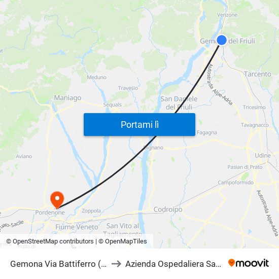 Gemona Via Battiferro (Fronte 18, Ospedale) to Azienda Ospedaliera Santa Maria Degli Angeli map