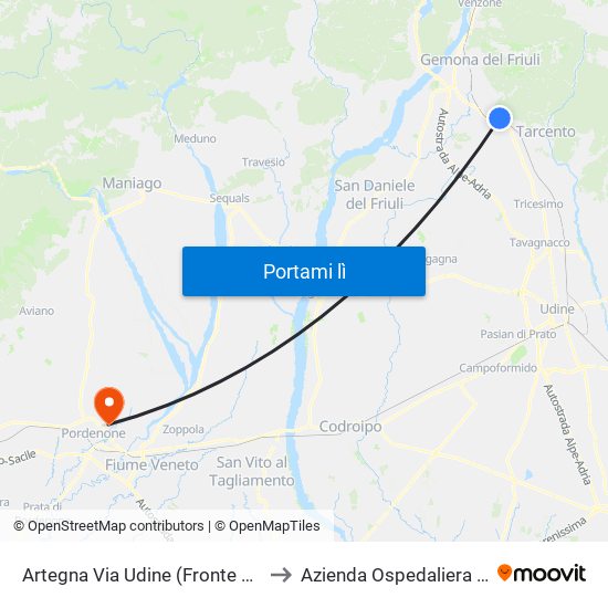 Artegna Via Udine (Fronte 25, Bivio Stazione FS Dir. Udine) to Azienda Ospedaliera Santa Maria Degli Angeli map