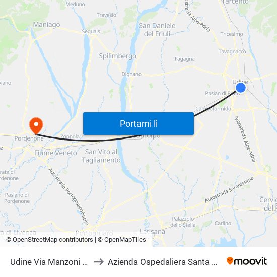 Udine Via Manzoni 2 (Tribunale) to Azienda Ospedaliera Santa Maria Degli Angeli map