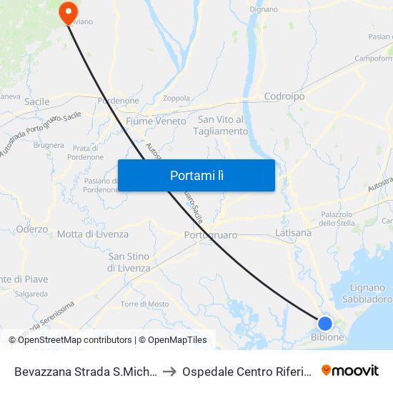 Bevazzana Strada S.Michele Al T. Dir Bibione to Ospedale Centro Riferimento Oncologico map
