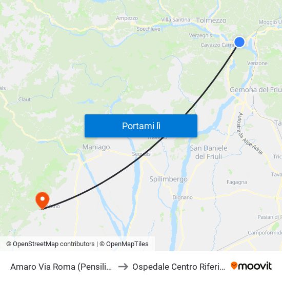 Amaro Via Roma (Pensilina Esterna Rotonda) to Ospedale Centro Riferimento Oncologico map