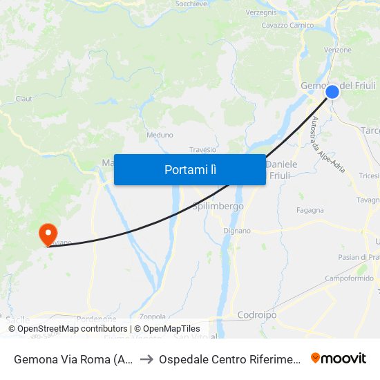 Gemona Via Roma (Autostazione) to Ospedale Centro Riferimento Oncologico map