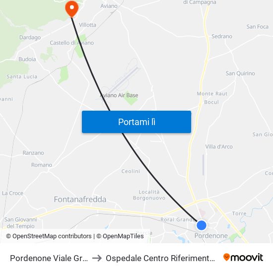 Pordenone Viale Grigoletti 3 to Ospedale Centro Riferimento Oncologico map