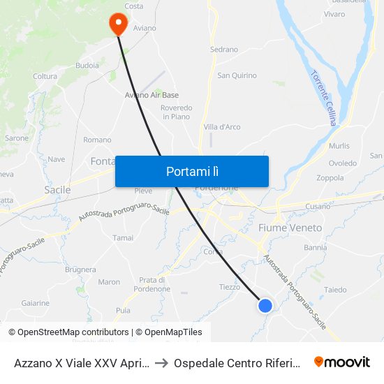 Azzano X Viale XXV Aprile (Fr Carabinieri) to Ospedale Centro Riferimento Oncologico map