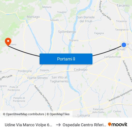 Udine Via Marco Volpe 63 (Piazzale Cavedalis) to Ospedale Centro Riferimento Oncologico map