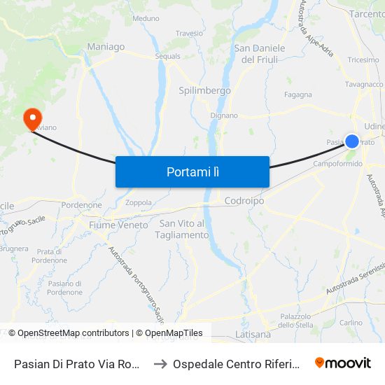 Pasian Di Prato Via Roma 46 (Municipio) to Ospedale Centro Riferimento Oncologico map