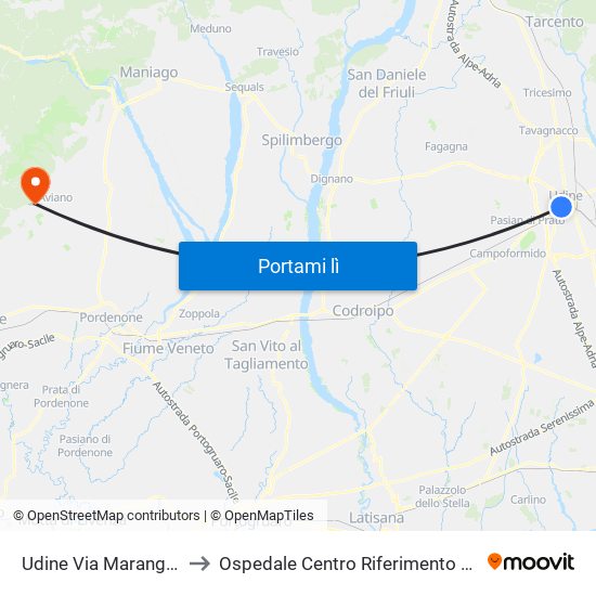 Udine Via Marangoni 101 to Ospedale Centro Riferimento Oncologico map