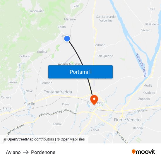 Aviano to Pordenone map