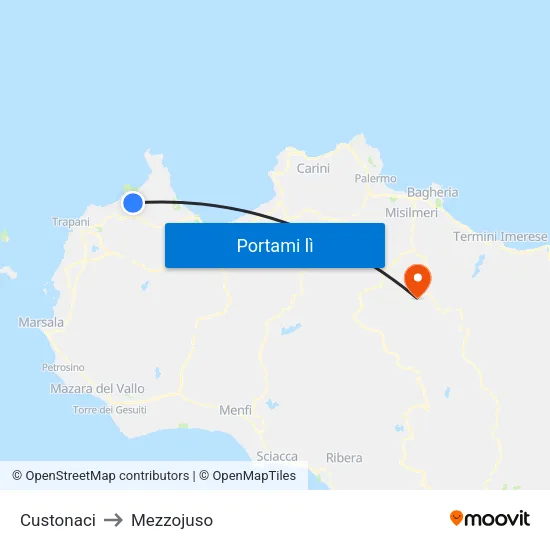 Custonaci to Mezzojuso map