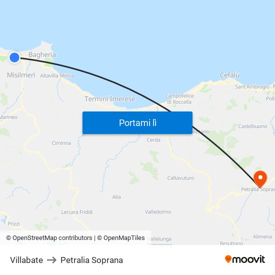 Villabate to Petralia Soprana map