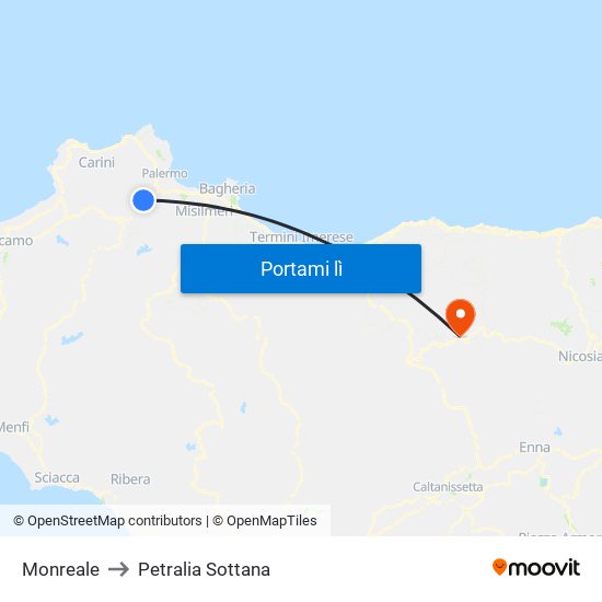 Monreale to Petralia Sottana map