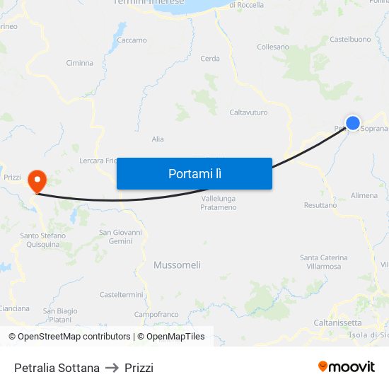 Petralia Sottana to Prizzi map