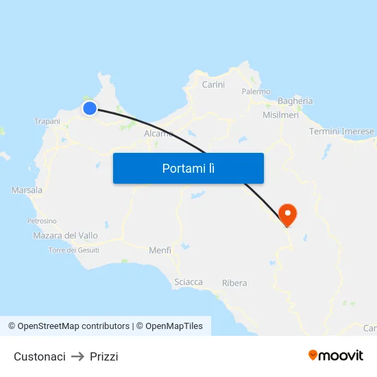 Custonaci to Prizzi map