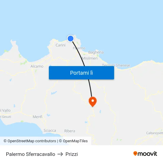Palermo Sferracavallo to Prizzi map