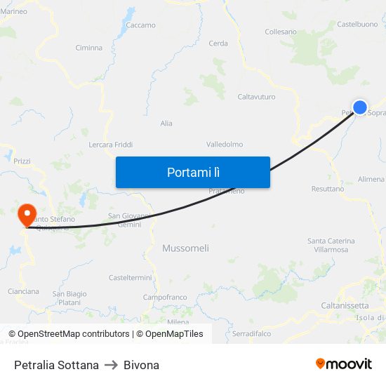 Petralia Sottana to Bivona map