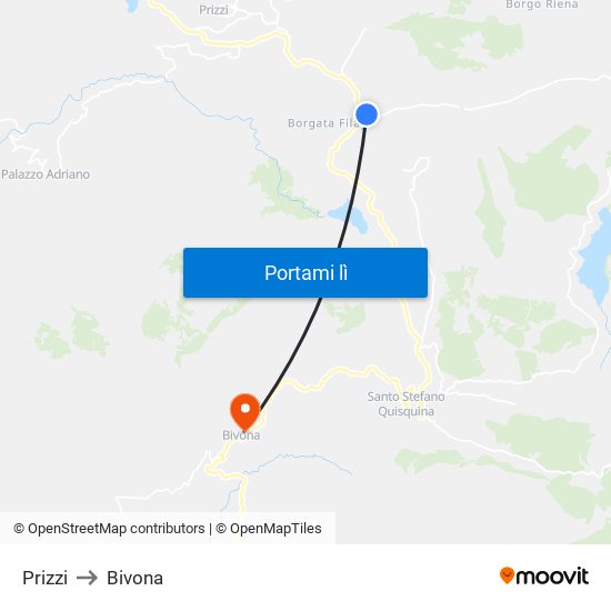Prizzi to Bivona map