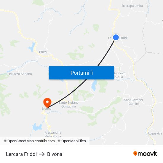Lercara Friddi to Bivona map