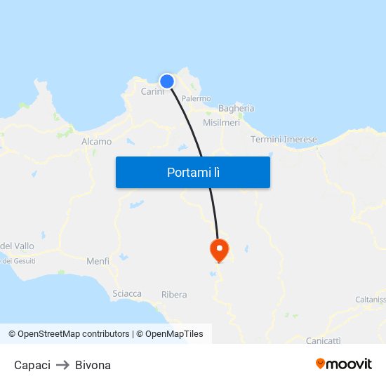 Capaci to Bivona map