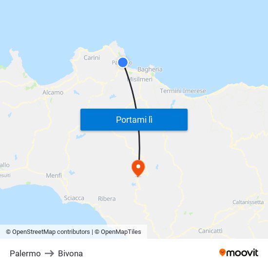 Palermo to Bivona map