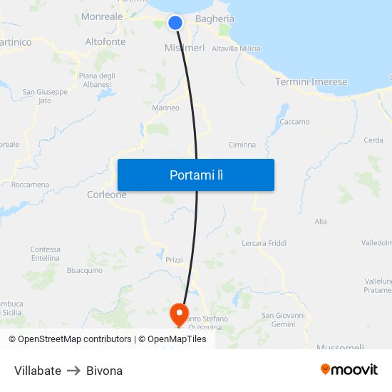 Villabate to Bivona map