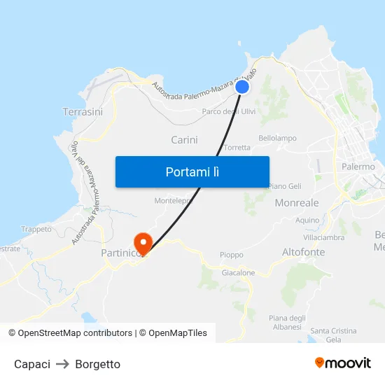 Capaci to Borgetto map