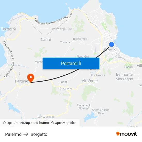 Palermo to Borgetto map