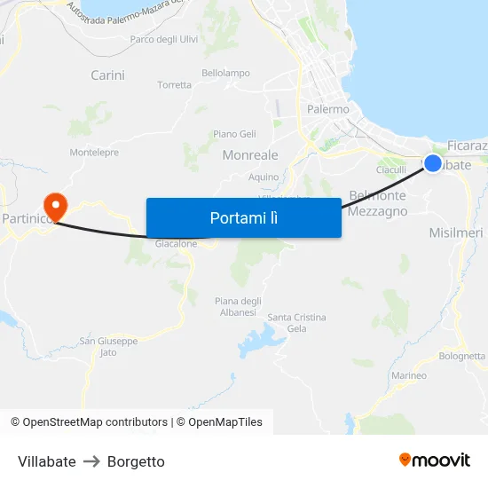 Villabate to Borgetto map