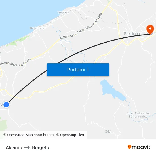 Alcamo to Borgetto map