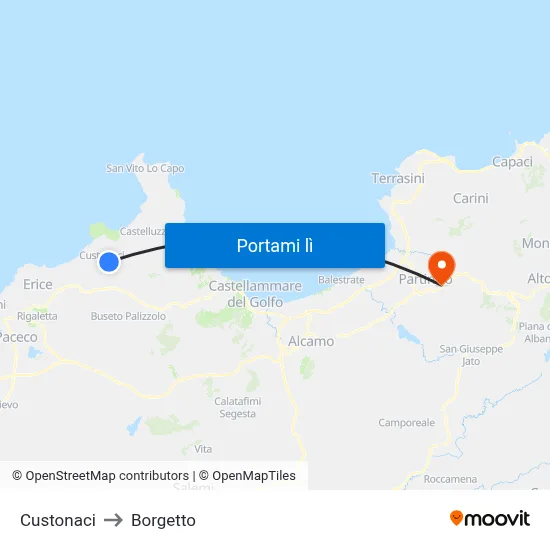 Custonaci to Borgetto map
