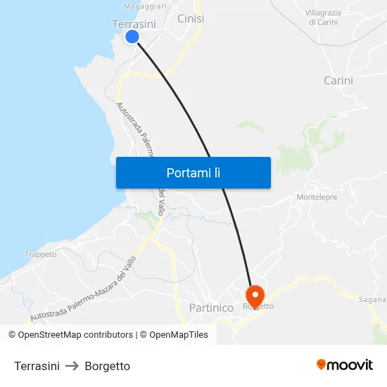 Terrasini to Borgetto map