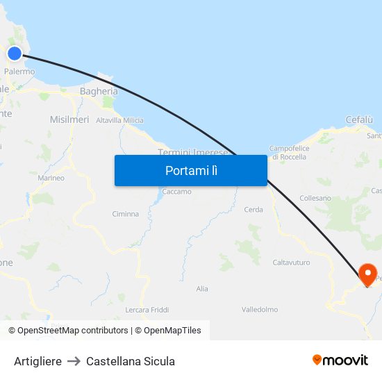 Artigliere to Castellana Sicula map