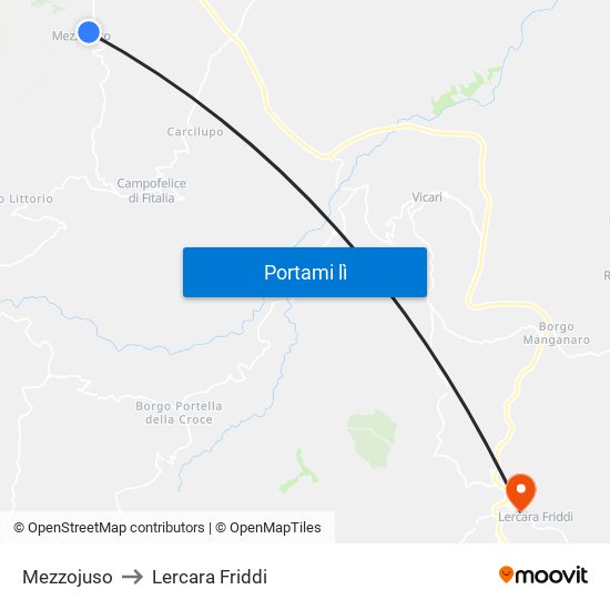 Mezzojuso to Lercara Friddi map