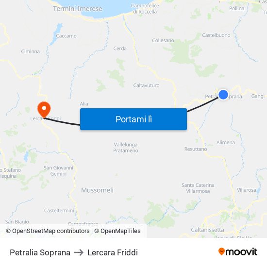 Petralia Soprana to Lercara Friddi map