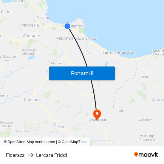 Ficarazzi to Lercara Friddi map