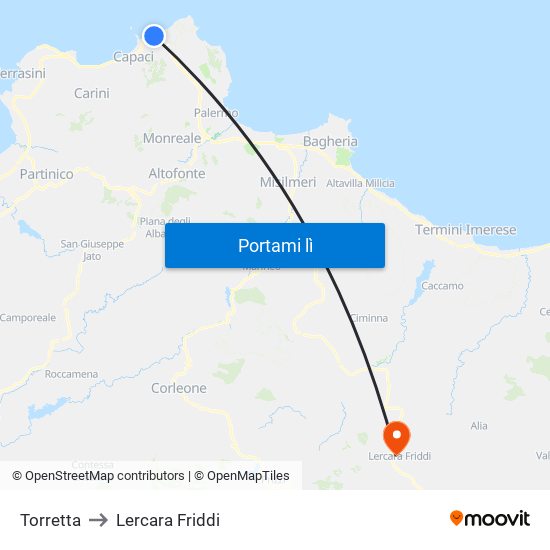 Torretta to Lercara Friddi map