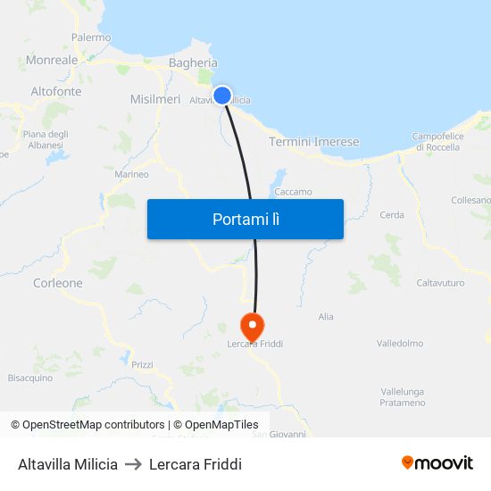 Altavilla Milicia to Lercara Friddi map