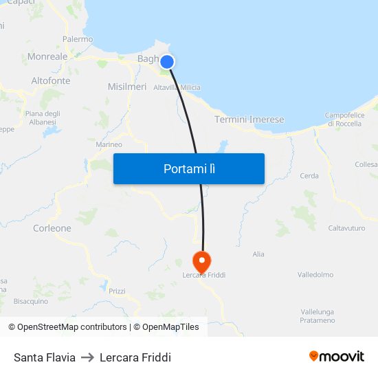 Santa Flavia to Lercara Friddi map