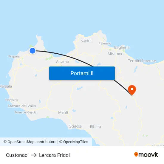 Custonaci to Lercara Friddi map