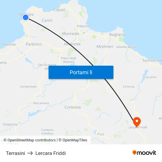 Terrasini to Lercara Friddi map