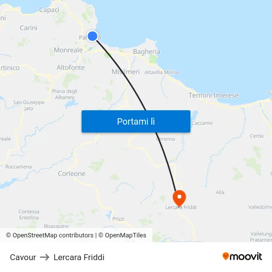Cavour to Lercara Friddi map