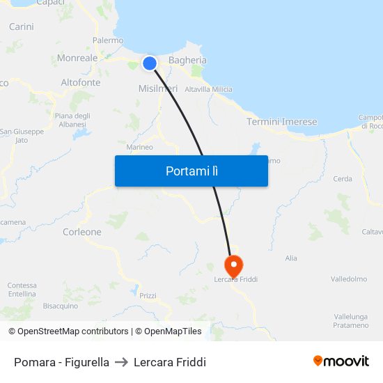 Pomara - Figurella to Lercara Friddi map